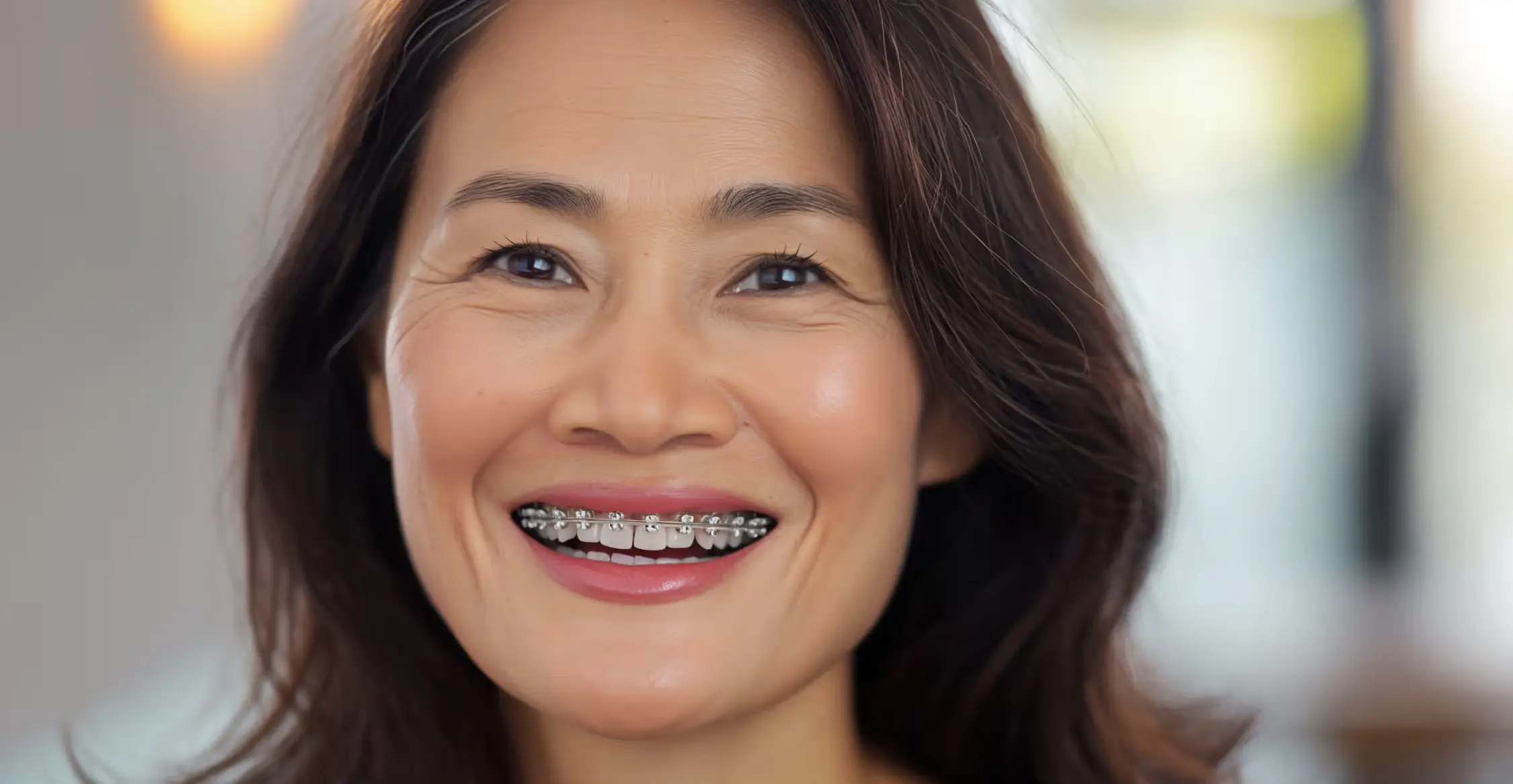 Woman smiling warmly at camera in professional dental office setting